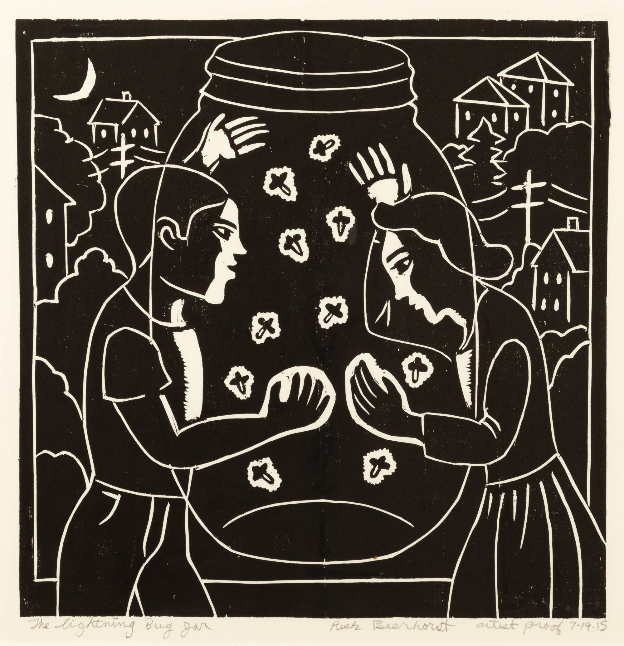 Black and white woodblock print of two people looking inside a jar of fireflies.